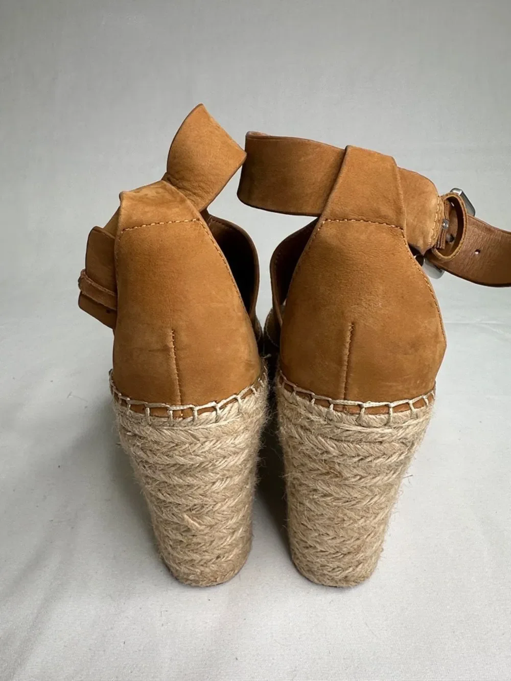 Marc Fisher Tan Perforated Leather Espadrille Wedge Sandals